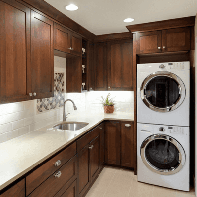 Brown Colour Solid Wood Oak Cabinets In Laundry Room