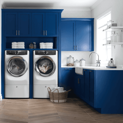 Custom Blue Painted Solid Wood Laundry Cabinets For Sale