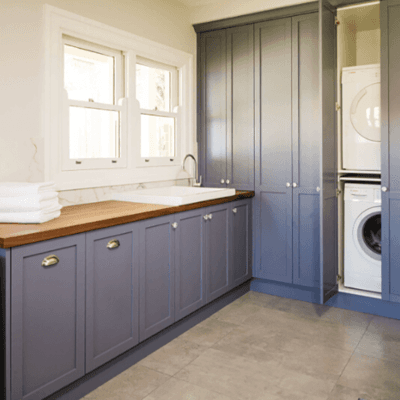 Customize Blue Painted Maple Wood Laundry Room Cabinets